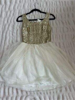 B Darlin Gold Sequin Bodice with Cream Tulle Skirt Girls Formal Dress